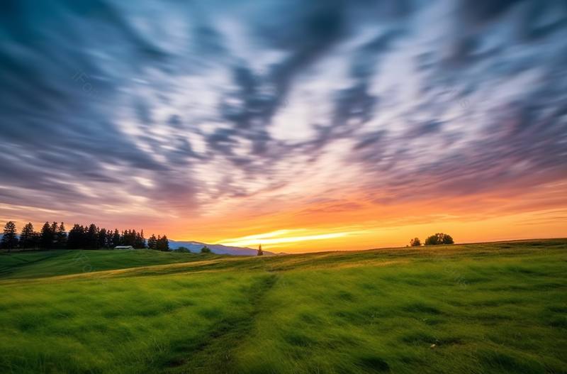 实拍唯美的火烧云下的草坪风景,高清,摄影图,摄影图片,图片大全,摄影图免费下载